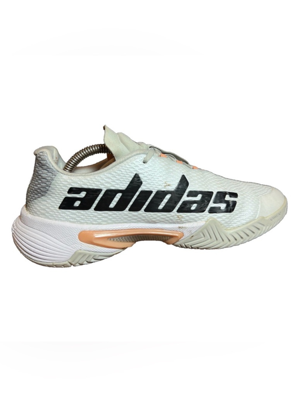 Adidas White Barricade Tennis Shoe with Peach and Black Logo Spell Out Sz 8